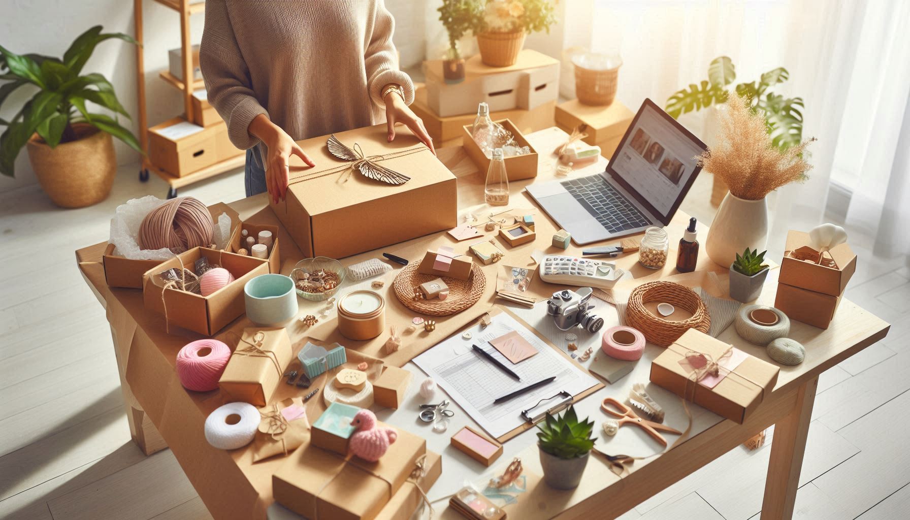 A bright, inviting workspace with a small business owner carefully packing products into cardboard b