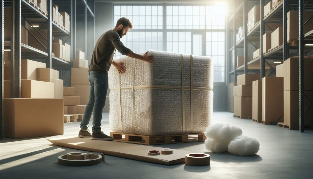 A large, fragile item such as a piece of furniture or an appliance being carefully wrapped in thick