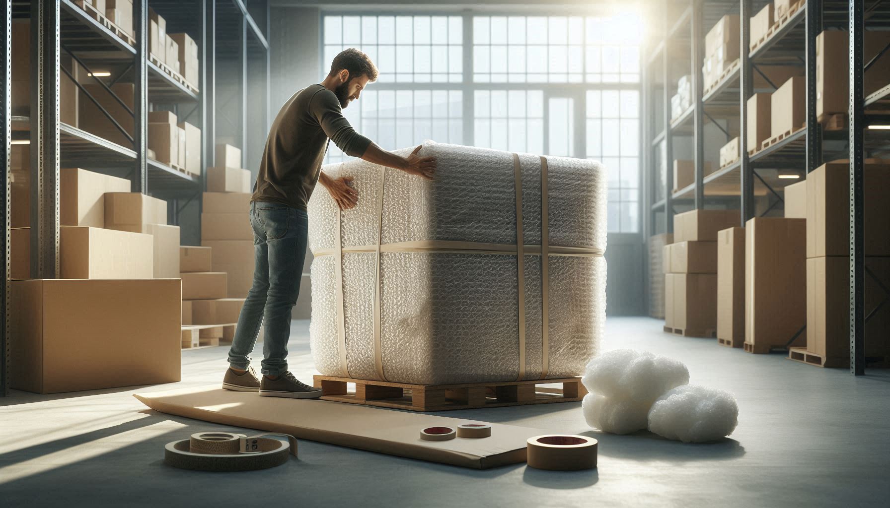 A large, fragile item such as a piece of furniture or an appliance being carefully wrapped in thick