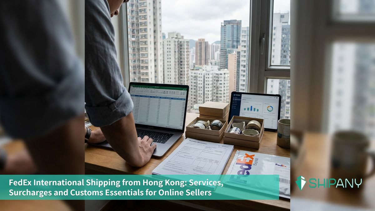 Hong Kong online seller preparing an international FedEx parcel with shipping documents
